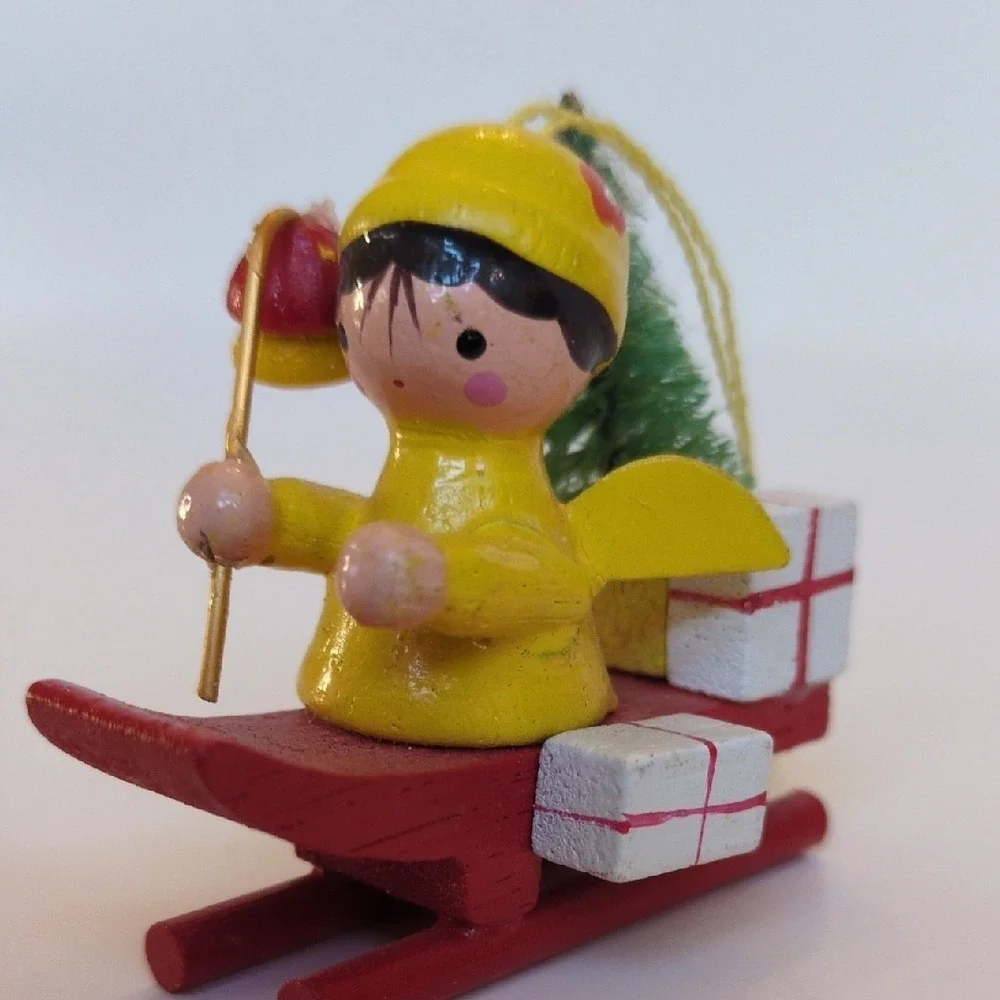 Vintage 70s Miniature Wooden Angel Christmas‎ Ornament - Yellow Sled Tree